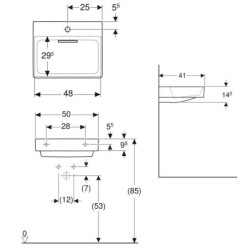Geberit ONE - Lavabo 500x410x142 mm, trop-plein caché, avec trou pour robinetterie, sortie horizontale, KeraTect, blanc