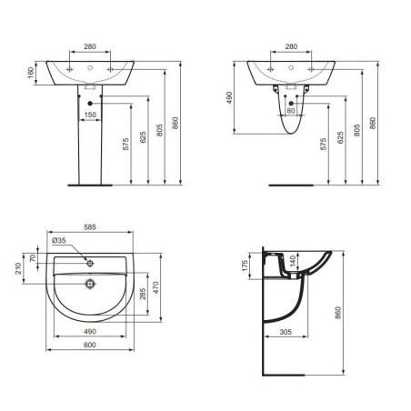 Ideal Standard Eurovit - Lavabo 600x470 mm, avec trop-plein, trou pour robinetterie, blanc W332301