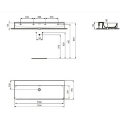 Ideal Standard Conca Ceram - Double-lavabo 1200x450 mm, avec trop-plein, sans trou pour robinet, blanc T380501