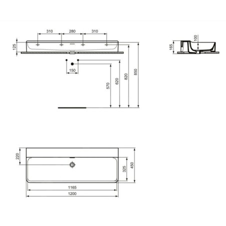 Ideal Standard Conca Ceram - Double-lavabo 1200x450 mm, avec trop-plein, sans trou pour robinet, blanc T380501