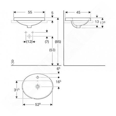 Geberit VariForm - Vasque à encastrer 550x450 mm, avec trop-plein, trou pour robinetterie, blanc 500.720.01.2