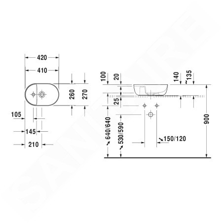 Duravit Luv - Lave-mains 420x270 mm, avec un trou variable, DuraCeram, avec WonderGliss, blanc alpin 03814200001