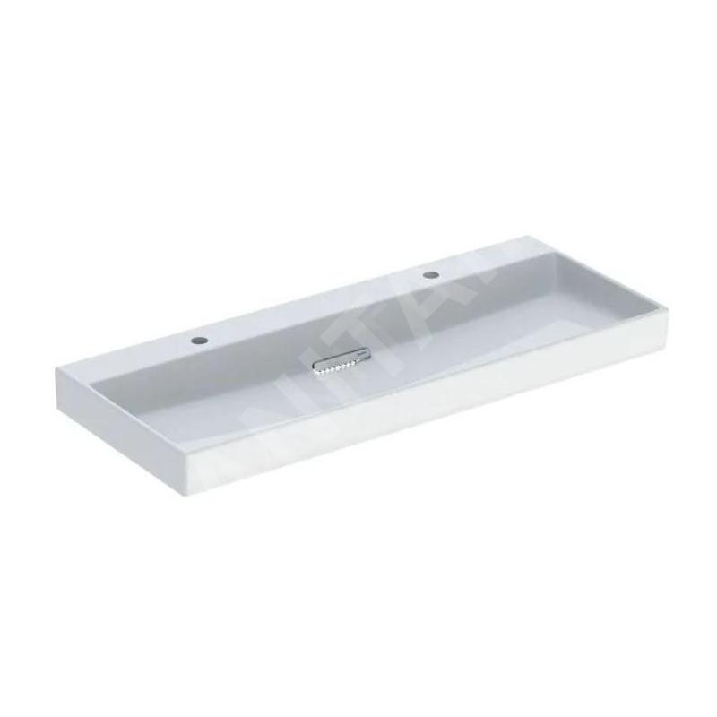Geberit ONE - Double lavabo 1200x480x142 mm, trop-plein caché, 2 trous pour robinetterie, sortie horizontale, KeraTect, blanc Geberit ONE - Double lavabo 1200x480x142 mm, trop-plein caché, 2 trous pour robinetterie, sortie horizontale, KeraTect, blanc