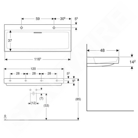 Geberit ONE - Double lavabo 1200x480x142 mm, trop-plein caché, 2 trous pour robinetterie, sortie horizontale, KeraTect, blanc