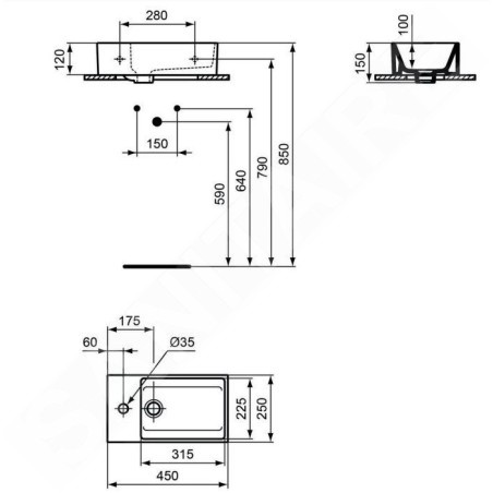 Ideal Standard Extra - Lave-main 450x250 mm, avec trop-plein, trou pour robinet à gauche, blanc T373301