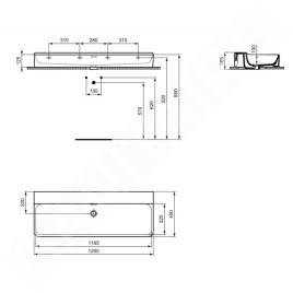 Ideal Standard Conca Ceram - Double-lavabo à poser 1200x450 mm, avec trop-plein, sans trou pour robinet, blanc T384101