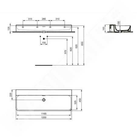 Ideal Standard Conca Ceram - Double-lavabo à poser 1200x450 mm, avec trop-plein, sans trou pour robinet, blanc T384101
