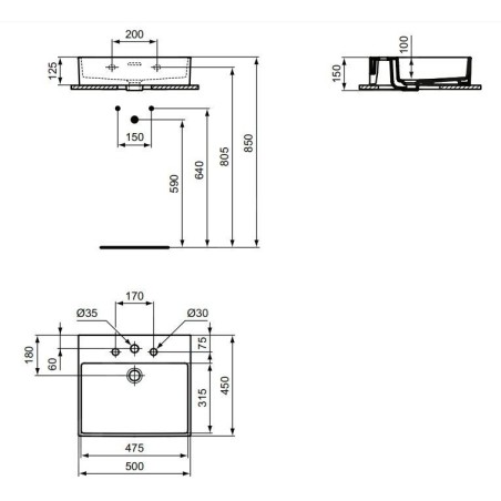 Ideal Standard Extra - Lavabo à poser 500x450 mm, avec trop-plein, 3 trous pour robinet, blanc T388501