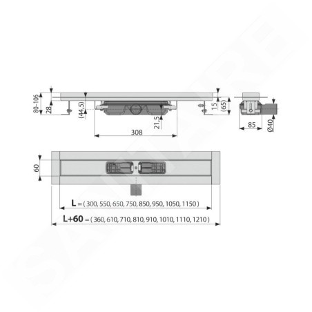 Alcadrain Douchegoten - Bac à douche Professional Low 300 mm, avec rebord pour grille complète, acier inoxydable APZ106-300