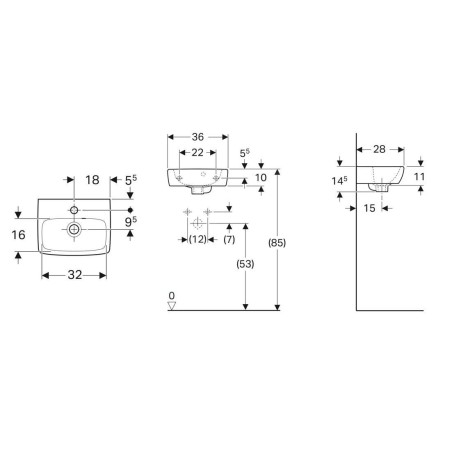 Geberit Selnova Square - Lave-mains 360x280 mm, avec un trou de robinetterie, avec trop-plein asymétrique, blanc 500.316.01.7