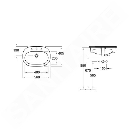 Villeroy & Boch O.novo - Vasque encastrée 560x405 mm, sans trop-plein, avec trou de robinetterie, CeramicPlus, blanc alpin
