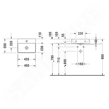Duravit DuraSquare - Lave-mains sur meuble 450x350 mm, avec un trou pour robinet, DuraCeram, avec WonderGliss, blanc alpin