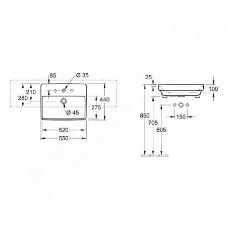 Villeroy & Boch Avento - Vasque semi-encastrée avec trop-plein, trois trous, 550 x 360 mm - avec CeramicPlus, blanc alpin