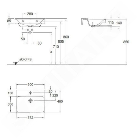Geberit Xeno 2 - Lavabo 600x480 mm, avec 1 trou, sans trop-plein, avec KeraTect, blanc 500.530.01.1
