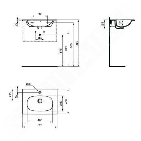 Ideal Standard Tesi - Meuble-lavabo 625x450 mm, avec trop-plein, trou pour robinetterie, noir T3510V3