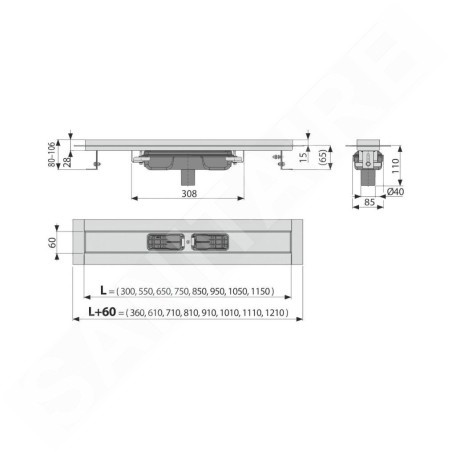 Alcadrain Douchegoten - Caniveau de douche Professional 1150 mm, avec rebord pour grille pleine, évacuation verticale, inox
