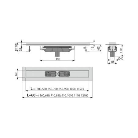 Alcadrain Douchegoten - Caniveau de douche Professional 850 mm, avec rebord pour grille pleine, évacuation verticale, inox