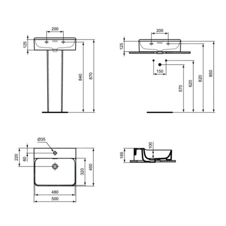 Ideal Standard Conca Ceram - Lavabo 500x450 mm, avec trop-plein, trou pour robinet, blanc T369001