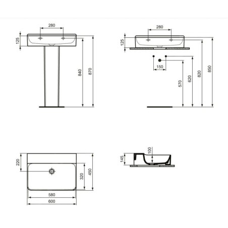 Ideal Standard Conca Ceram - Lavabo 600x450 mm, sans trop-plein, sans trou pour robinet, blanc T379201