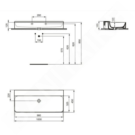 Ideal Standard Conca Ceram - Lavabo 1000x450 mm, sans trop-plein, sans trou pour robinet, blanc T380201