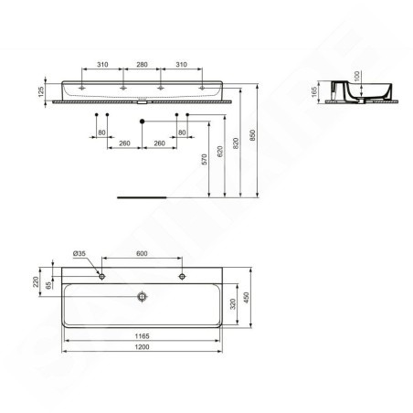 Ideal Standard Conca Ceram - Double-lavabo 1200x450 mm, sans trop-plein, trous pour robinet, blanc T380801