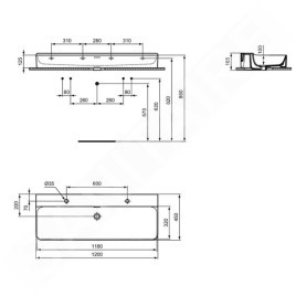 Ideal Standard Conca Ceram - Double-lavabo à poser 1200x450 mm, avec trop-plein, trous pour robinet, blanc T383901