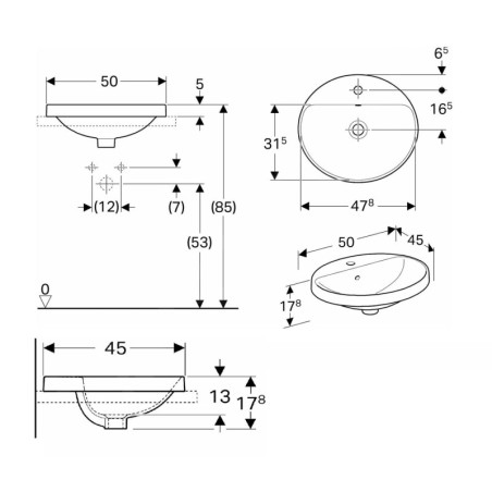 Geberit VariForm - Vasque à encastrer 500x450 mm, avec trop-plein, trou pour robinetterie, blanc 500.712.01.2