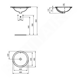 Ideal Standard Connect - Vasque sous plan, diamètre 480 mm, avec trop-plein, Ideal Plus, blanc E5054MA