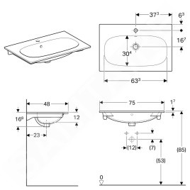 Geberit Acanto - Lavabo 750x480 mm, avec 1 trou, avec trop-plein, blanc 500.641.01.2