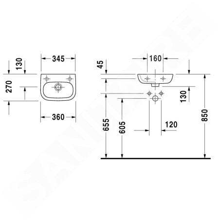 Duravit D-Code - Lave-mains 360x270 mm, avec 1 trou à gauche, blanc alpin 07053600092