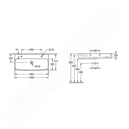 Villeroy & Boch Finion - Double vasque sans trop-plein, 1000x470 mm, avec CeramicPlus, blanc alpin 4168A1R1
