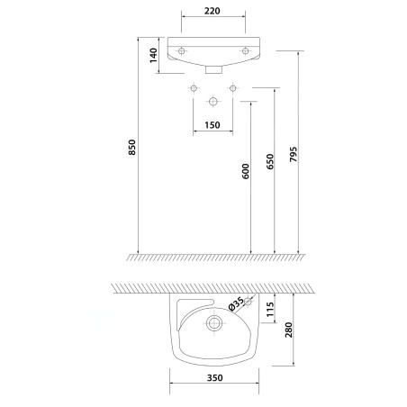 Aqualine Small - Lave-mains 350x280 mm, avec trop-plein et trou pour mitigeur, blanc 91351