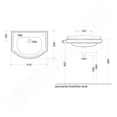 Sapho Kerasan Retro - Lave-mains céramique 410x300 mm, trou pour robinetterie à droite, sans trop-plein, blanc 103301DX