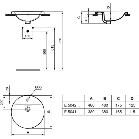 Ideal Standard Connect - Lavabo encastré 480 mm, avec déversoir, ouverture pour mitigeur, blanc E504201