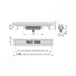 Alcadrain Douchegoten - Caniveau de douche Wall Low 950 mm, avec collier fixe au mur, évacuation verticale, inox APZ1116-950