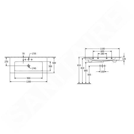 Villeroy & Boch Venticello - Meuble lavabo 1200x500 mm, avec trop-plein, trou de robinetterie, CeramicPlus, blanc alpin 4104CLR1