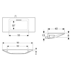 Geberit ONE - Lavabo 900x400x130 mm, sans trop-plein, sans trou pour robinetterie, sortie horizontale, KeraTect, blanc