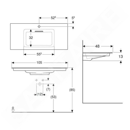 Geberit ONE - Meuble-lavabo 1050x480x130 mm, trop-plein caché, avec trou pour robinetterie, sortie horizontale, KeraTect, blanc