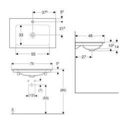 Geberit ONE - Meuble-lavabo 750x480x140 mm, sans trop-plein, avec trou pour robinetterie, KeraTect, blanc 505.010.01.2