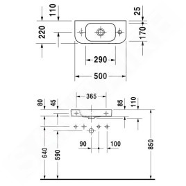 Duravit Happy D.2 - Lave-mains 500x220 mm, sans trop-plein, avec trou pour robinetterie à droite, blanc 0711500008