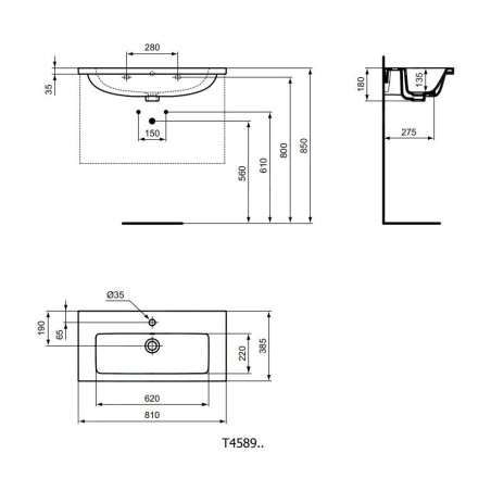 Ideal Standard i.Life S - Meuble-lavabo 810x385x180 mm, avec trop-plein, trou pour robinetterie, blanc T458901