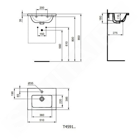 Ideal Standard i.Life S - Meuble-lavabo 510x385x180 mm, avec trop-plein, trou pour robinetterie, blanc T459101