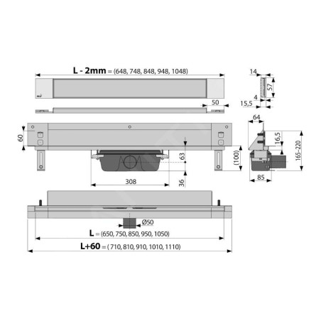 Alcadrain Douchegoten - Système de drainage Spa 750 mm, pour montage mural, couvercle pour insertion de carreaux, inox