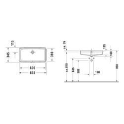 Duravit Vero Air - Lavabo à encastrer 635x345 mm, avec trop-plein, sans trou pour robinetterie, WonderGliss, blanc 03846000001