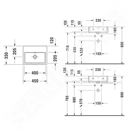 Duravit Vero Air - Lave-mains 450x350 mm, avec trop-plein, sans trou pour robinetterie, WonderGliss, blanc 07244500601