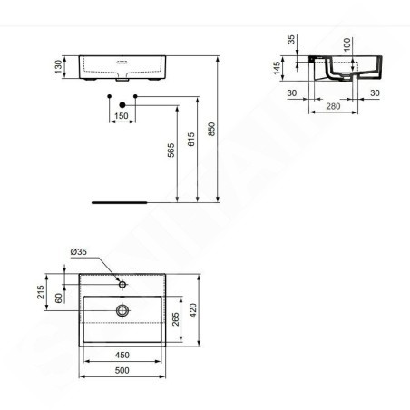 Ideal Standard Extra - Lavabo semi-encastré, 500x420 mm, avec trop-plein, trou pour robinet, blanc T373501