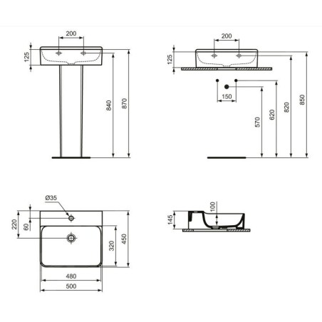 Ideal Standard Conca Ceram - Lavabo 500x450 mm, sans trop-plein, trou pour robinet, blanc T378501
