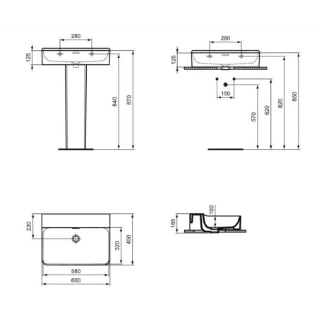 Ideal Standard Conca Ceram - Lavabo 600x450 mm, avec trop-plein, sans trou pour robinet, blanc T378901