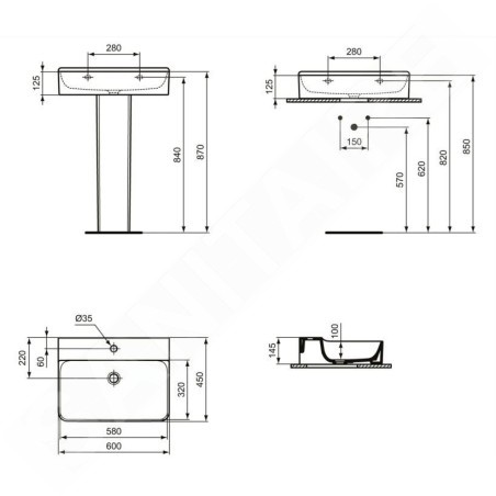 Ideal Standard Conca Ceram - Lavabo 600x450 mm, sans trop-plein, trou pour robinet, blanc T379001