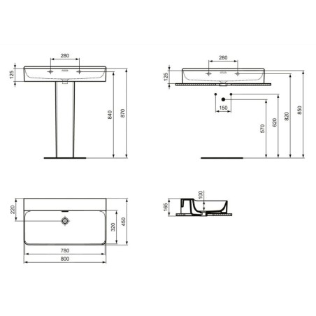 Ideal Standard Conca Ceram - Lavabo 800x450 mm, avec trop-plein, sans trou pour robinet, blanc T379401